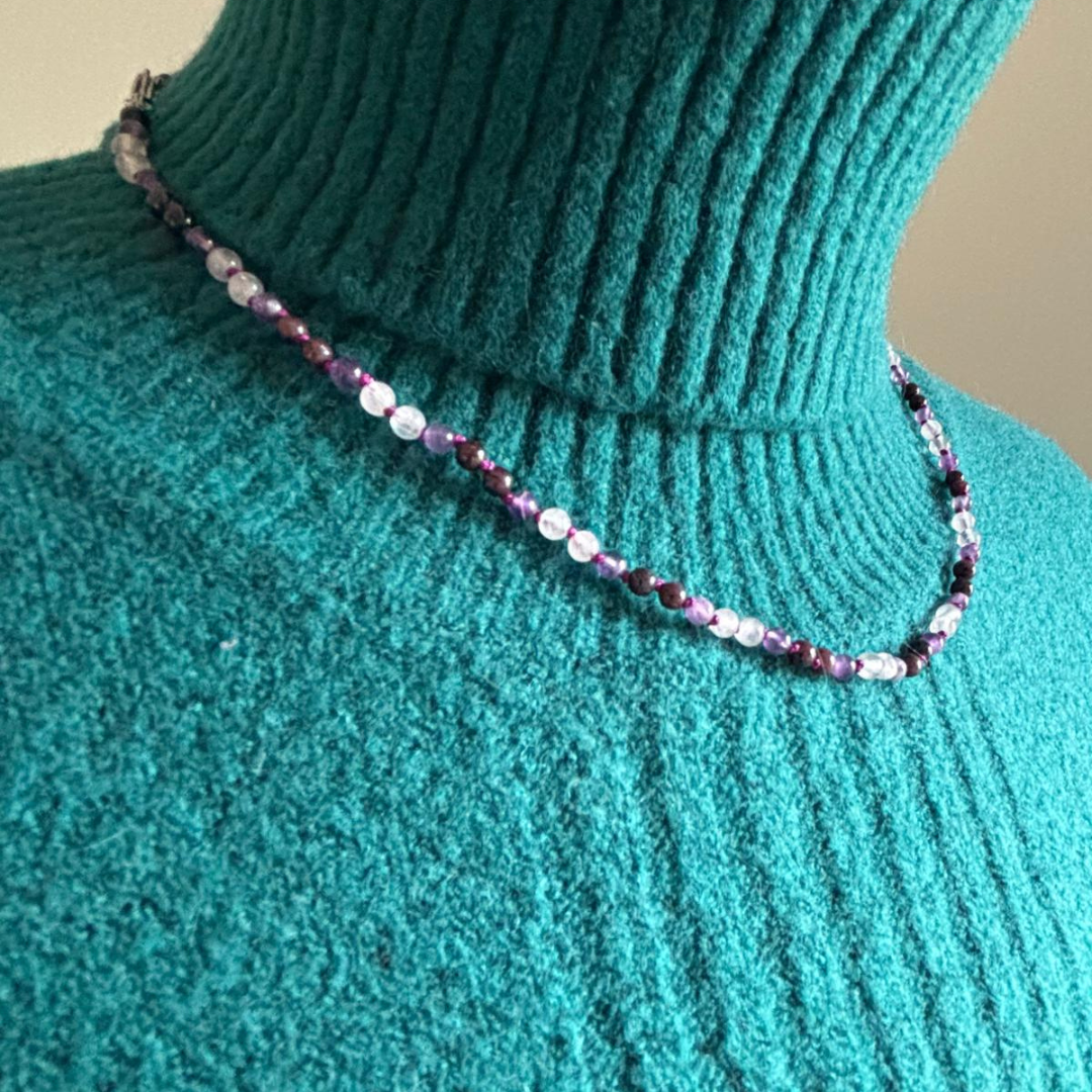 Fijne ketting amethist, granaat en rozenkwarts
